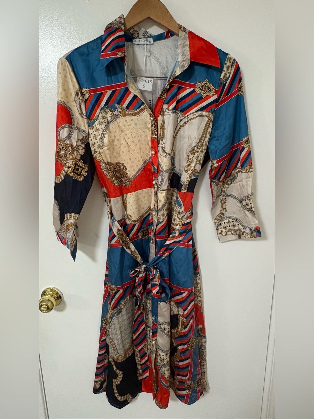 Printed Shirt Dress with Tie Waist - Red, Blue & Cream